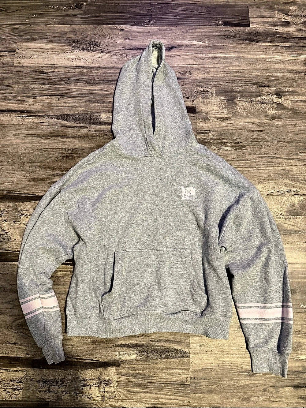 Victoria’s Secret PINK Gray -Stripe Sleeve Hoodie Size Small